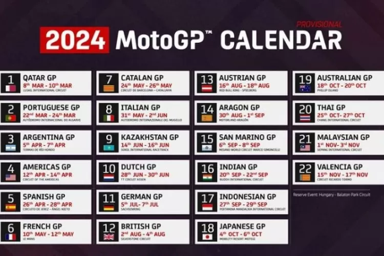 Berikut Jadwal Kalender MotoGP 2024, Catat Jadwal ke-22 Serinya , Terupdate